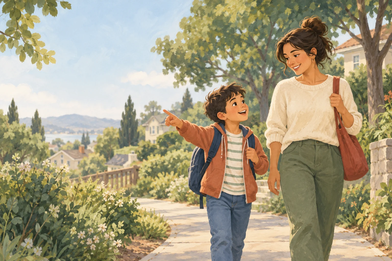 A parent and child walking together under the trees