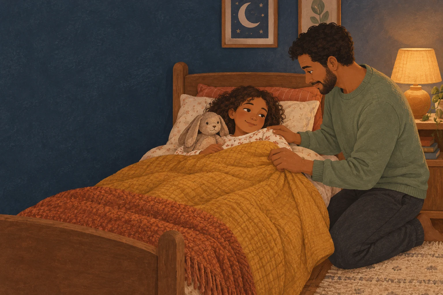 A father sitting beside his child at bedtime
