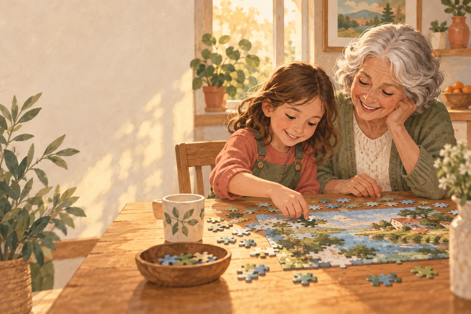 Grandma and her granddaughter doing a puzzle in the afternoon sunshine