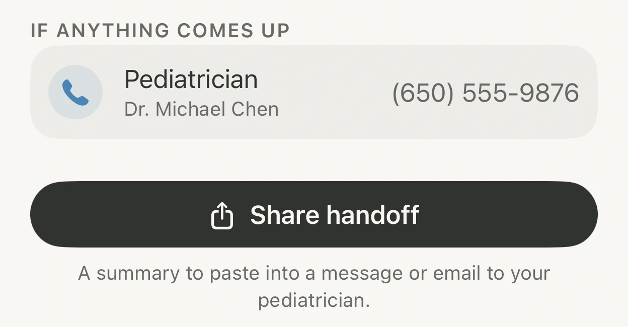 Kiddico handoff: pediatrician contact and the Share handoff button
