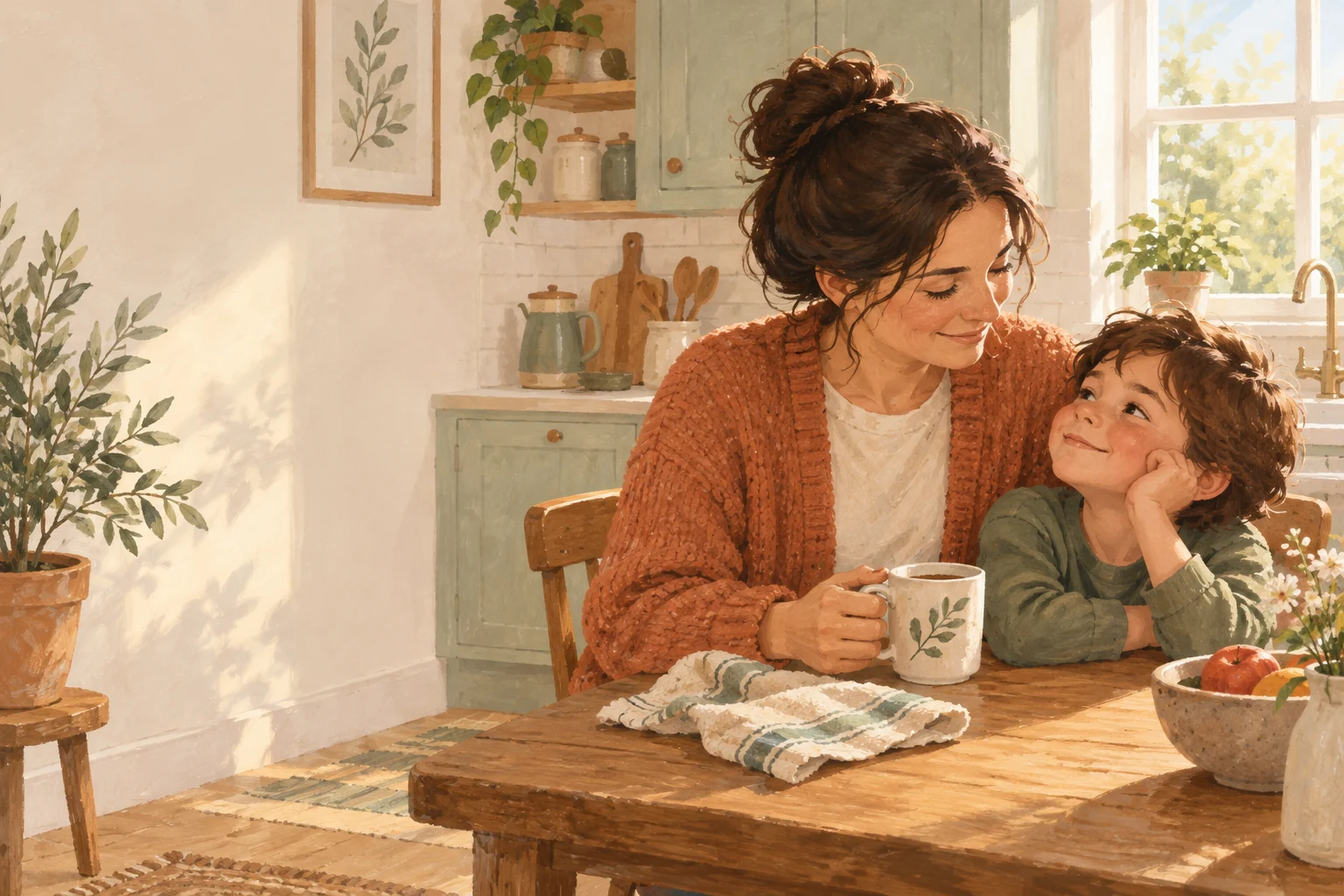 A mother and child sharing a quiet moment at the kitchen table