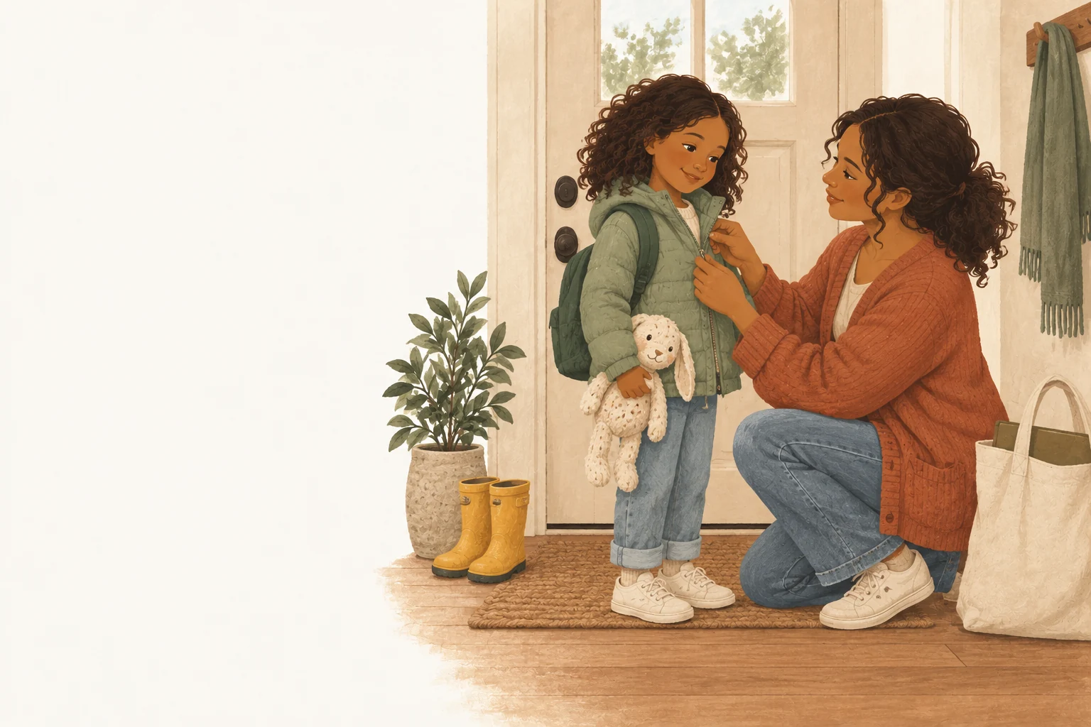 A parent helping a child get ready to head out